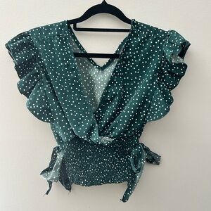 SHEIN Dark Green Polka Dot Ruffle Wrap Blouse